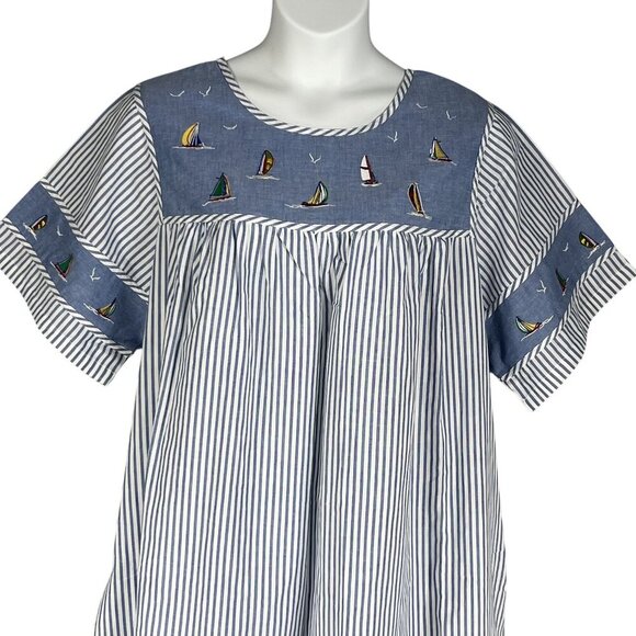 National Women 2X Chambray Striped Nautical Embroidery Dress Costal Beachy Artsy - Picture 3 of 15